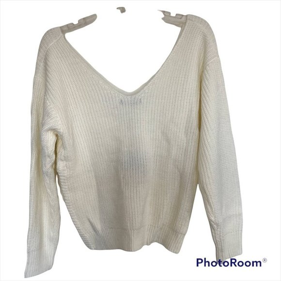 Zaful White V-Neck Criss Cross Pullover Long Sleeve Knit Sweater Size 8 - Picture 3 of 8